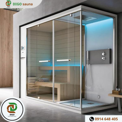 Phòng xông ướt bằng kính kết hợp với xây