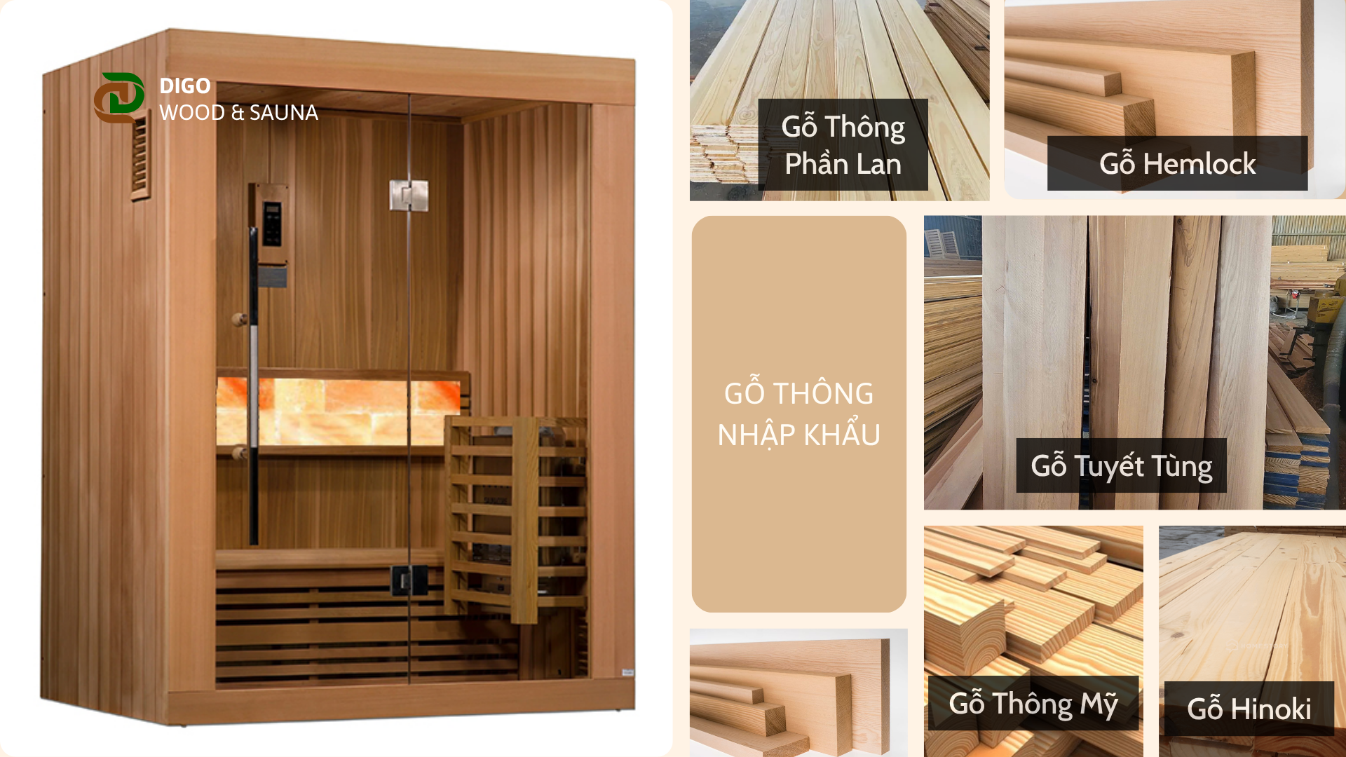 Chất liệu phòng xông hơi khô đá muối gỗ tuyết tùng
